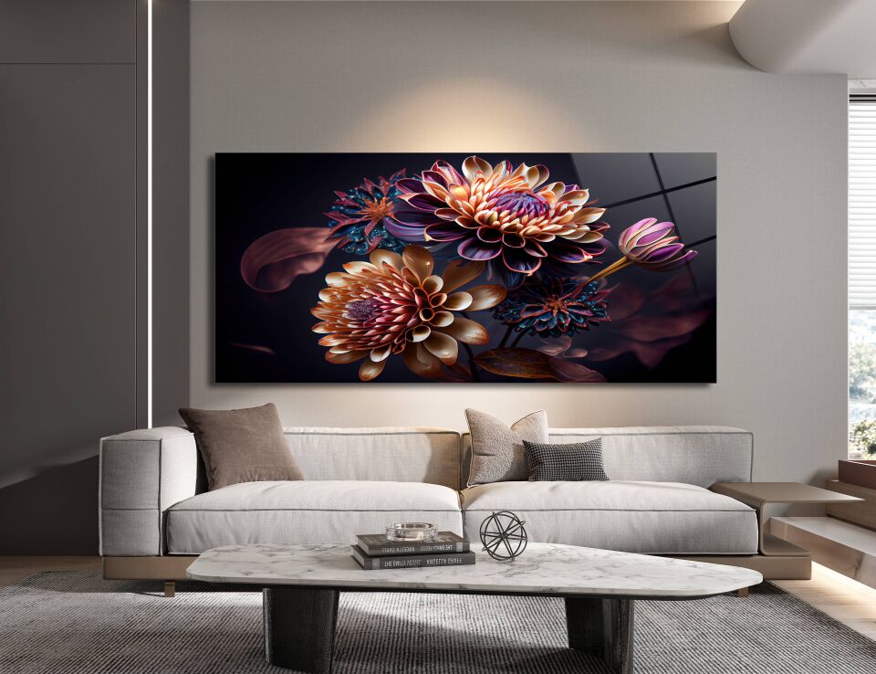 3D Çiçek Desenli Modern Cam Tablo – Zarafetin Sanatla Buluştuğu An | CF0283