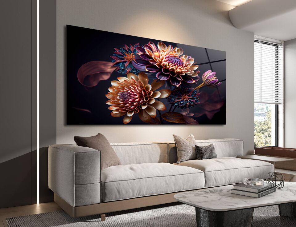 3D Çiçek Desenli Modern Cam Tablo – Zarafetin Sanatla Buluştuğu An | CF0283