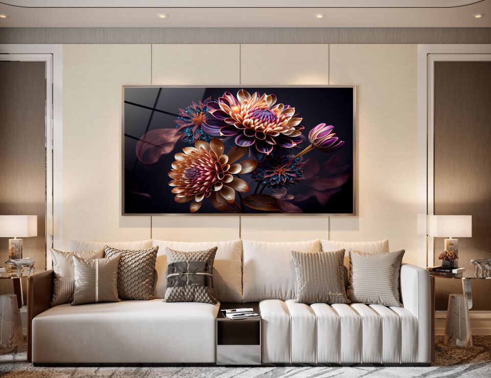 3D Çiçek Desenli Modern Cam Tablo – Zarafetin Sanatla Buluştuğu An | CF0283