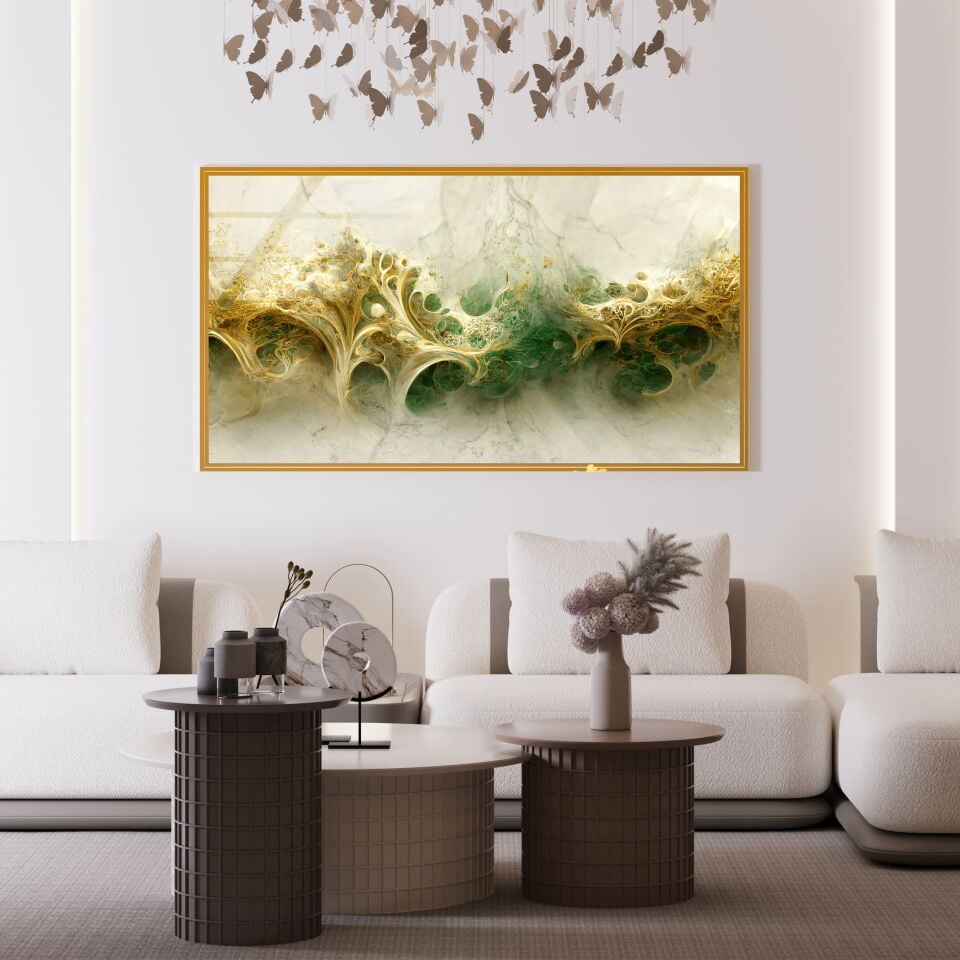 Soyut Altın ve Yeşil Tonlu Modern Sanat Cam Tablo | CF0693