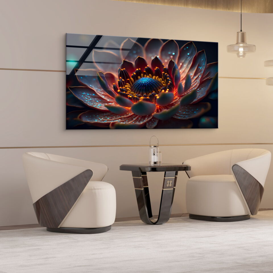 Işıltılı Çiçek Desenli Dijital Sanat Cam Tablo | CF0695