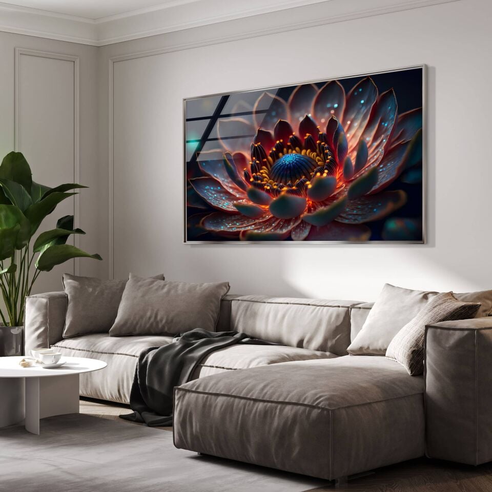 Işıltılı Çiçek Desenli Dijital Sanat Cam Tablo | CF0695