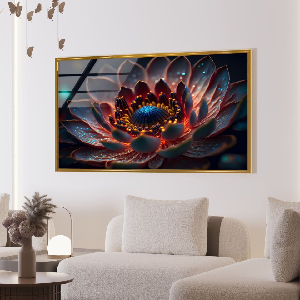 Işıltılı Çiçek Desenli Dijital Sanat Cam Tablo | CF0695