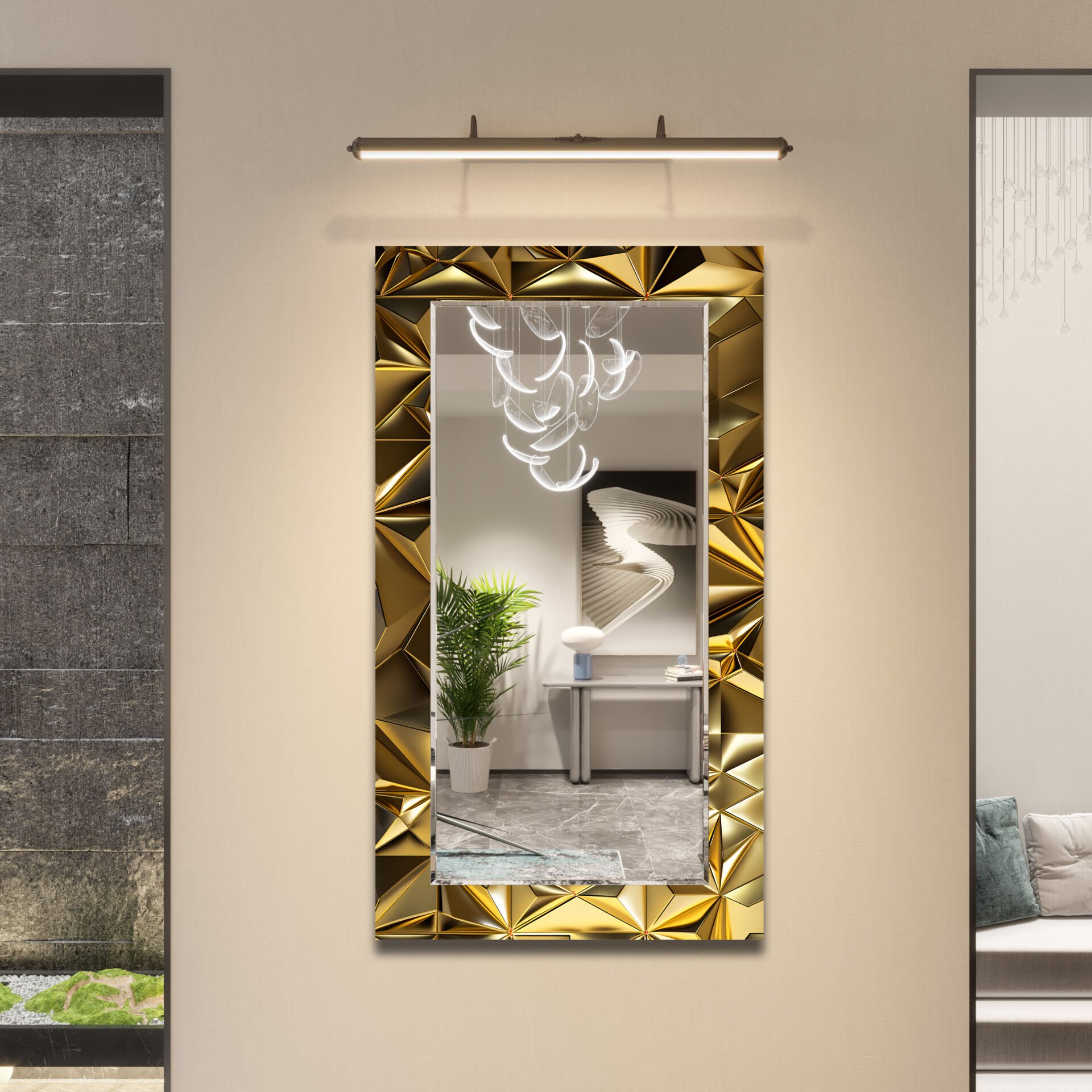 Altın Geometrik Desenli Modern Dikdörtgen Dekoratif Ayna | CFM0033-DİKEY