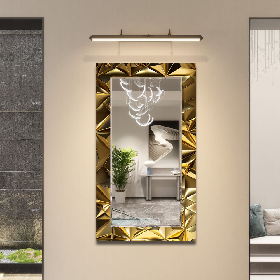 Altın Geometrik Desenli Modern Dikdörtgen Dekoratif Ayna | CFM0033-DİKEY