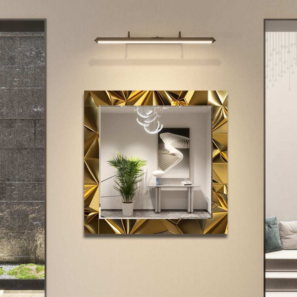 Altın Geometrik Desenli Modern Dikdörtgen Dekoratif Ayna | CFM0033-KARE