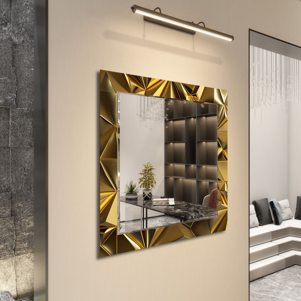 Altın Geometrik Desenli Modern Dikdörtgen Dekoratif Ayna | CFM0033-KARE
