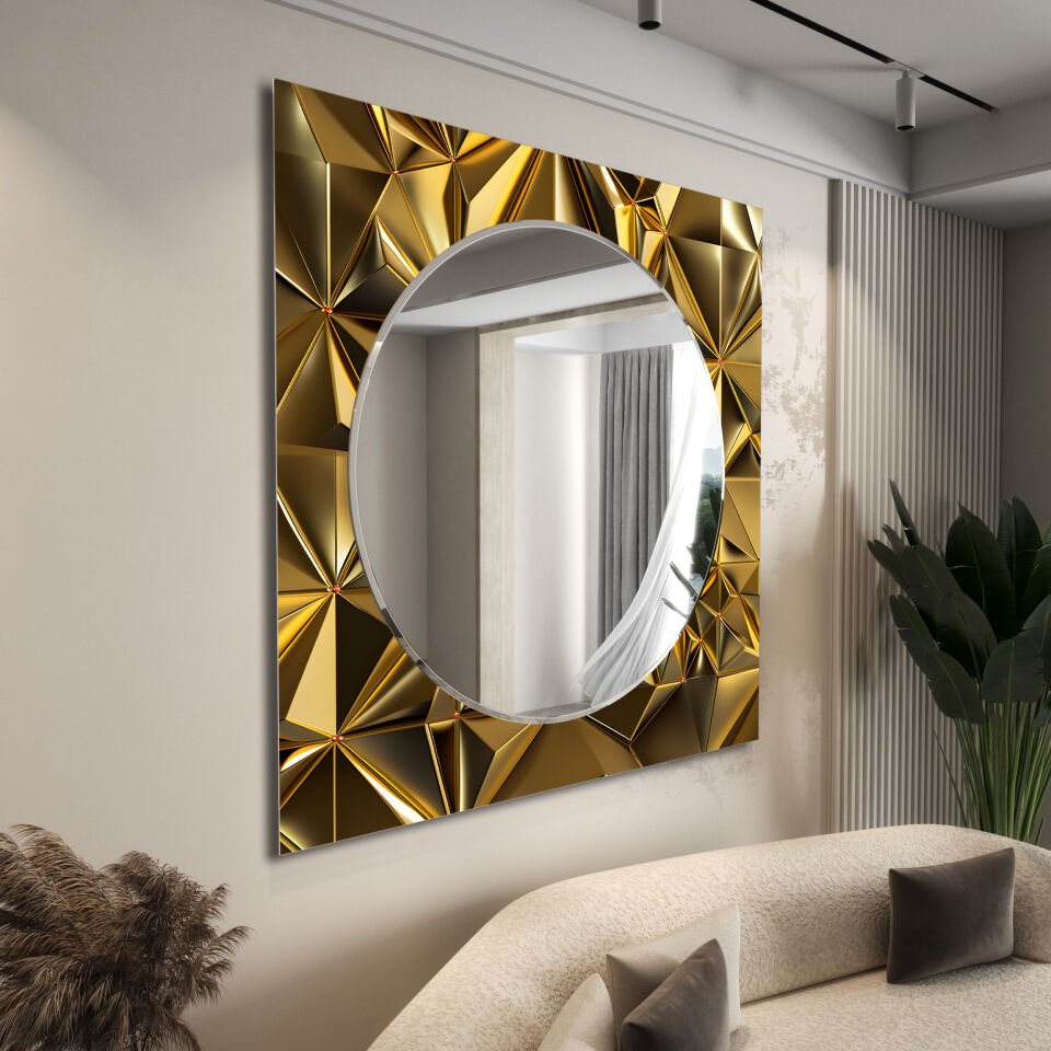 Altın Geometrik Desenli Modern Dikdörtgen Dekoratif Ayna | CFM0033-KARE