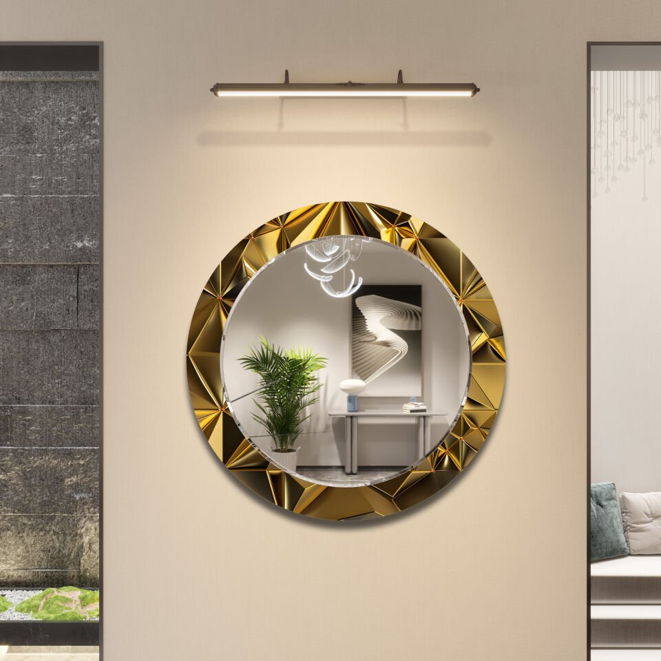 Altın Geometrik Desenli Modern Dikdörtgen Dekoratif Ayna | CFM0033-YUVARLAK