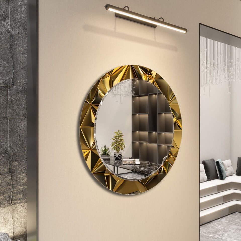 Altın Geometrik Desenli Modern Dikdörtgen Dekoratif Ayna | CFM0033-YUVARLAK