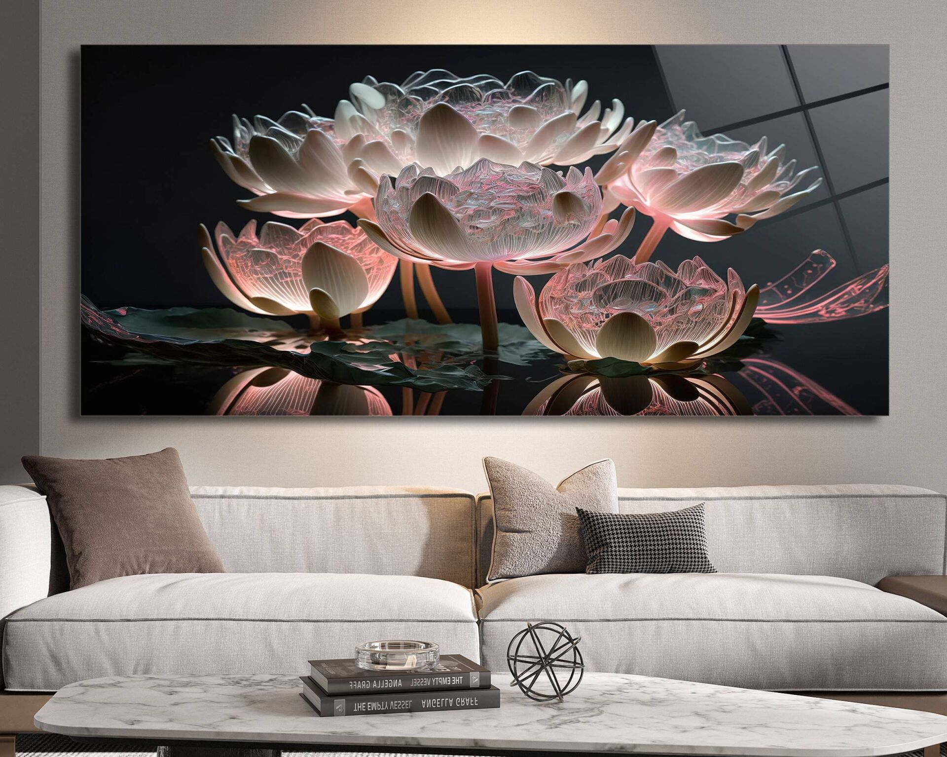 Lotus Çiçeği Tasarımlı Cam Tablo – Huzur Veren Modern Duvar Dekoru | CF0291
