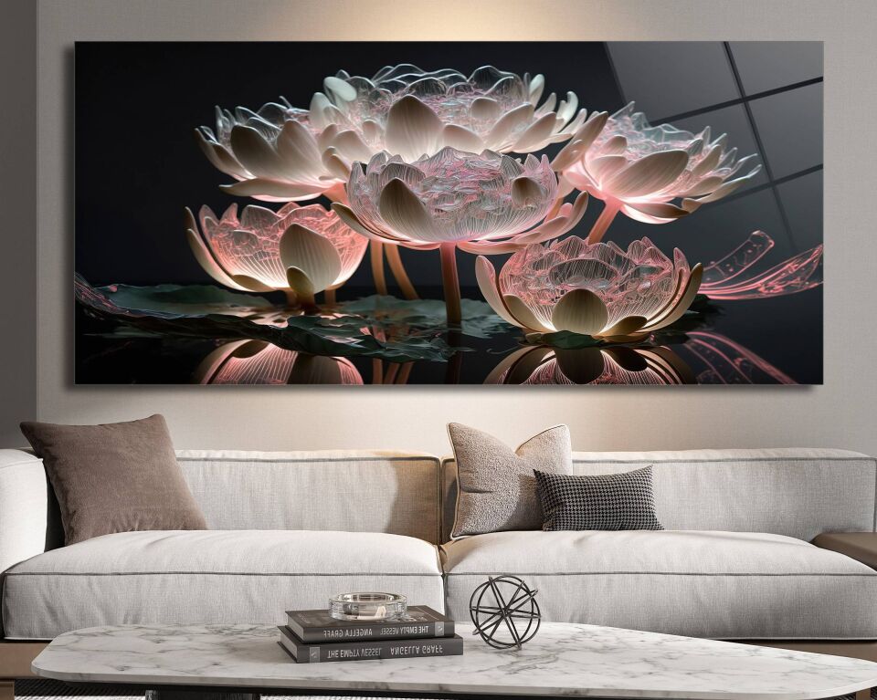 Lotus Çiçeği Tasarımlı Cam Tablo – Huzur Veren Modern Duvar Dekoru | CF0291