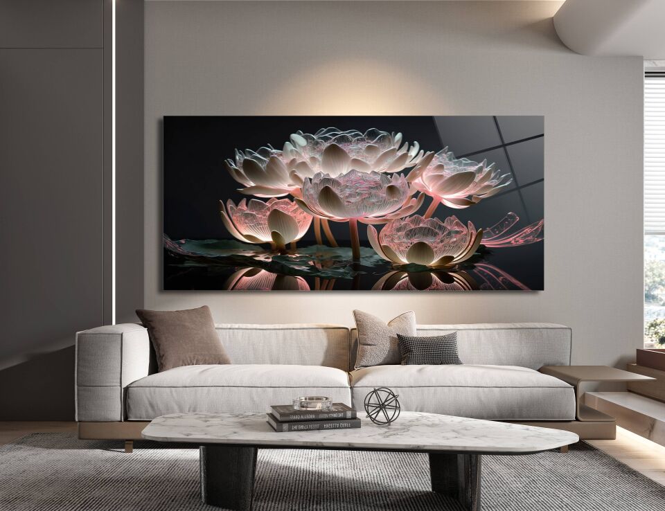 Lotus Çiçeği Tasarımlı Cam Tablo – Huzur Veren Modern Duvar Dekoru | CF0291