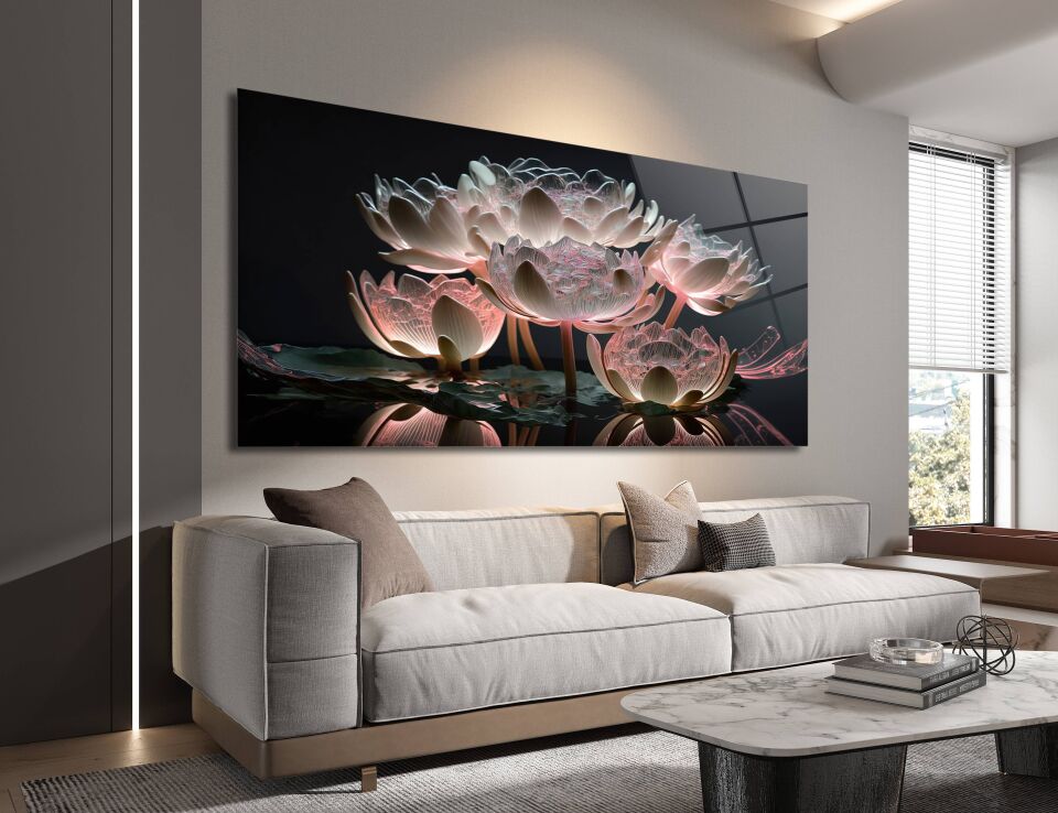 Lotus Çiçeği Tasarımlı Cam Tablo – Huzur Veren Modern Duvar Dekoru | CF0291