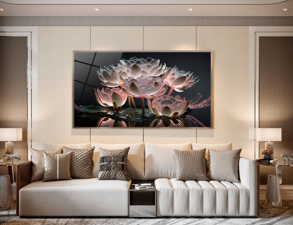 Lotus Çiçeği Tasarımlı Cam Tablo – Huzur Veren Modern Duvar Dekoru | CF0291