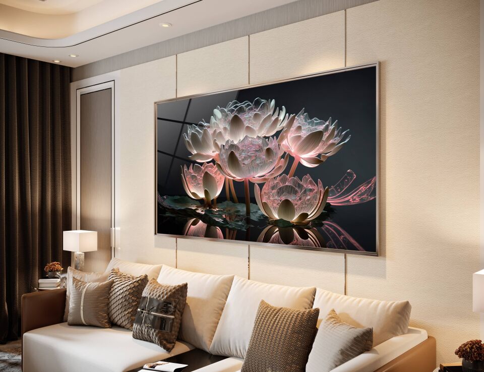 Lotus Çiçeği Tasarımlı Cam Tablo – Huzur Veren Modern Duvar Dekoru | CF0291