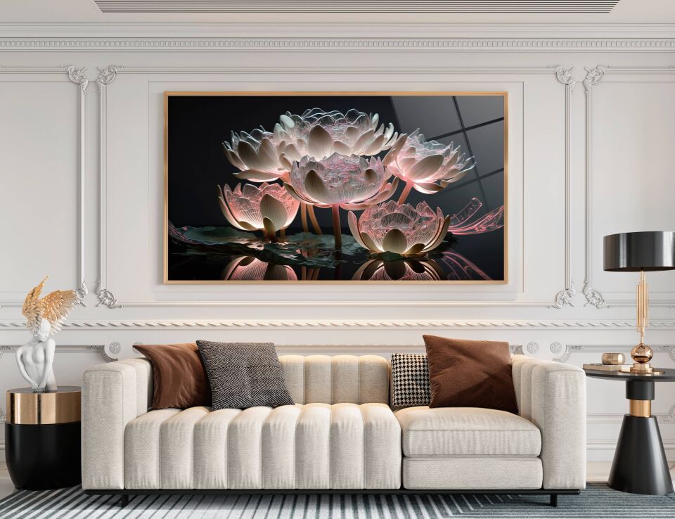 Lotus Çiçeği Tasarımlı Cam Tablo – Huzur Veren Modern Duvar Dekoru | CF0291