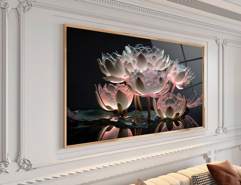 Lotus Çiçeği Tasarımlı Cam Tablo – Huzur Veren Modern Duvar Dekoru | CF0291