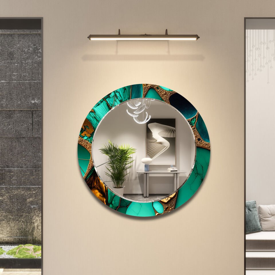Yeşil Mermer Desenli Dekoratif Cam Ayna – Altın Detaylı Modern Duvar Aynası | CFM0032-YUVARLAK