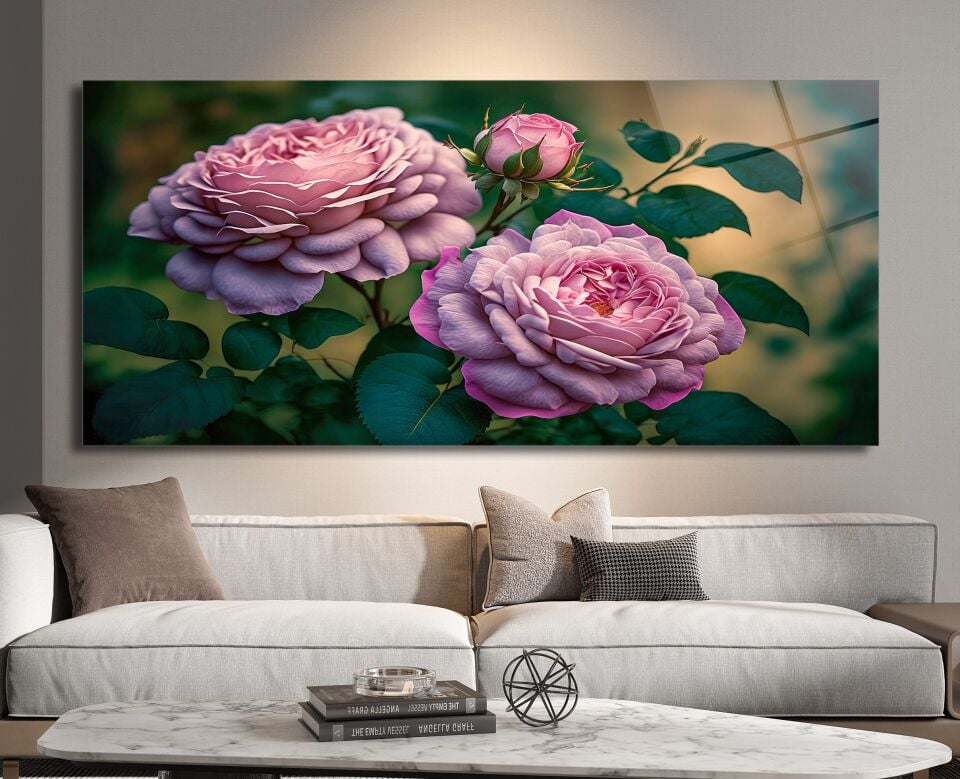 Pembe Çiçek Desenli Cam Tablo – Sanatsal Zarafet ve Doğanın Büyüsü | CF0196
