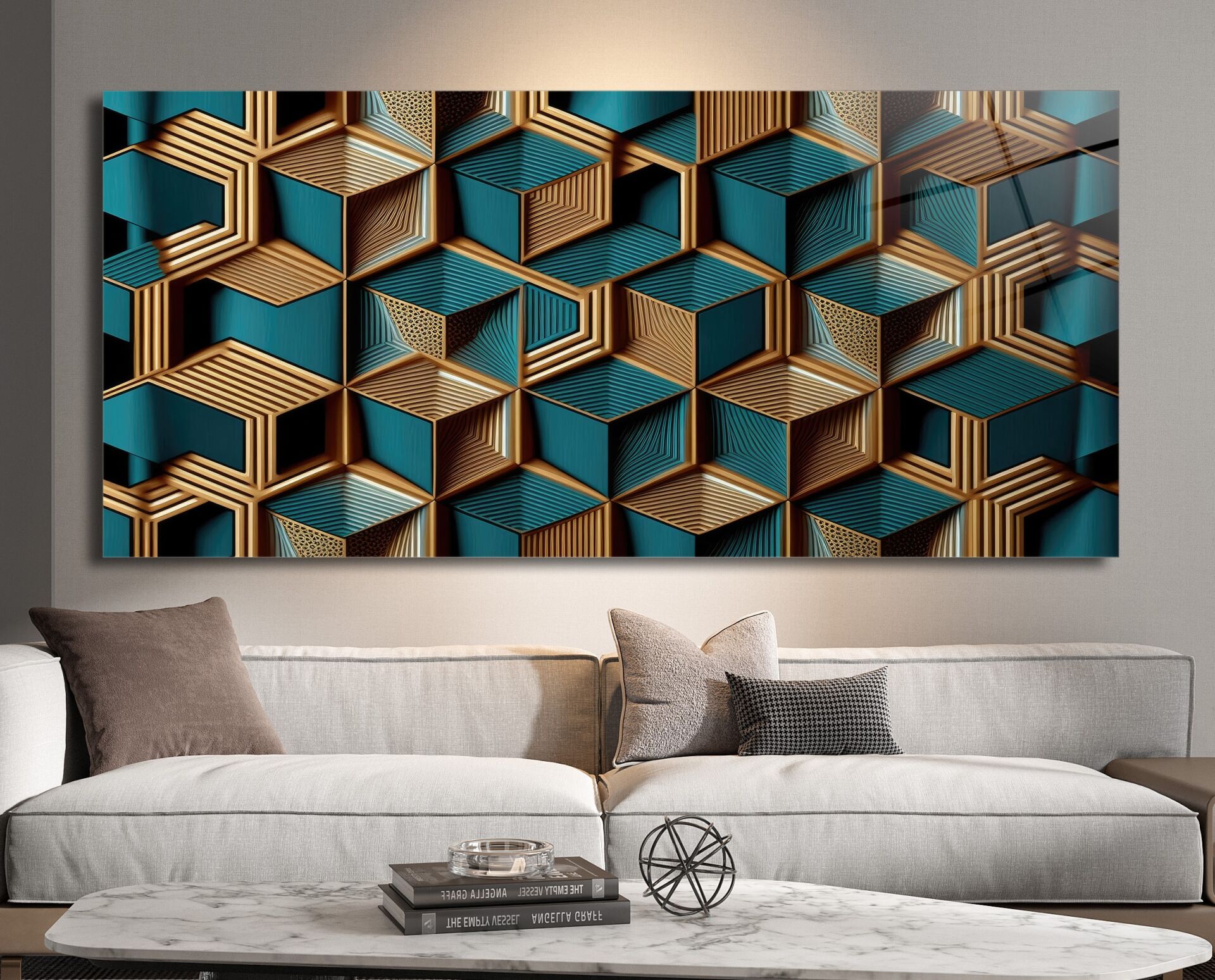 Geometrik Ahşap ve Mermer Desenli Cam Tablo – Modern ve Şık Duvar Dekoru | CF0503