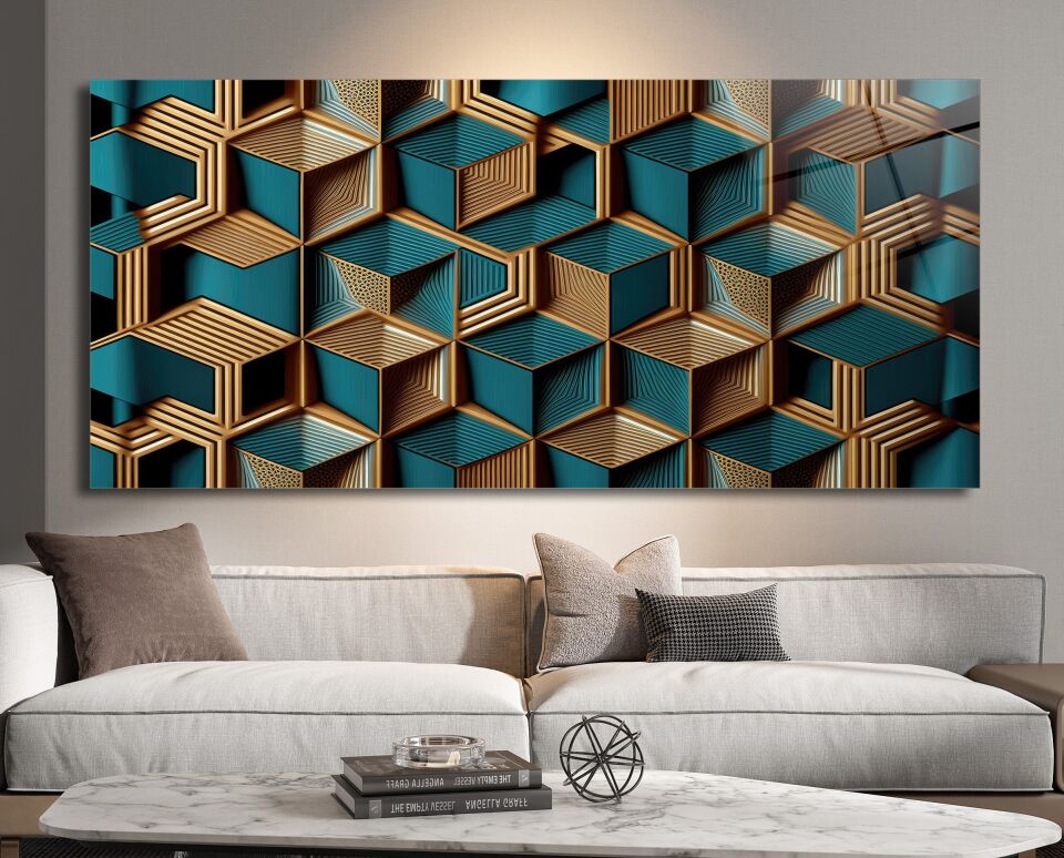 Geometrik Ahşap ve Mermer Desenli Cam Tablo – Modern ve Şık Duvar Dekoru | CF0503