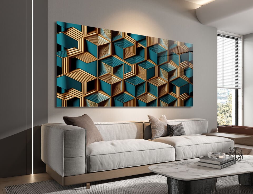 Geometrik Ahşap ve Mermer Desenli Cam Tablo – Modern ve Şık Duvar Dekoru | CF0503