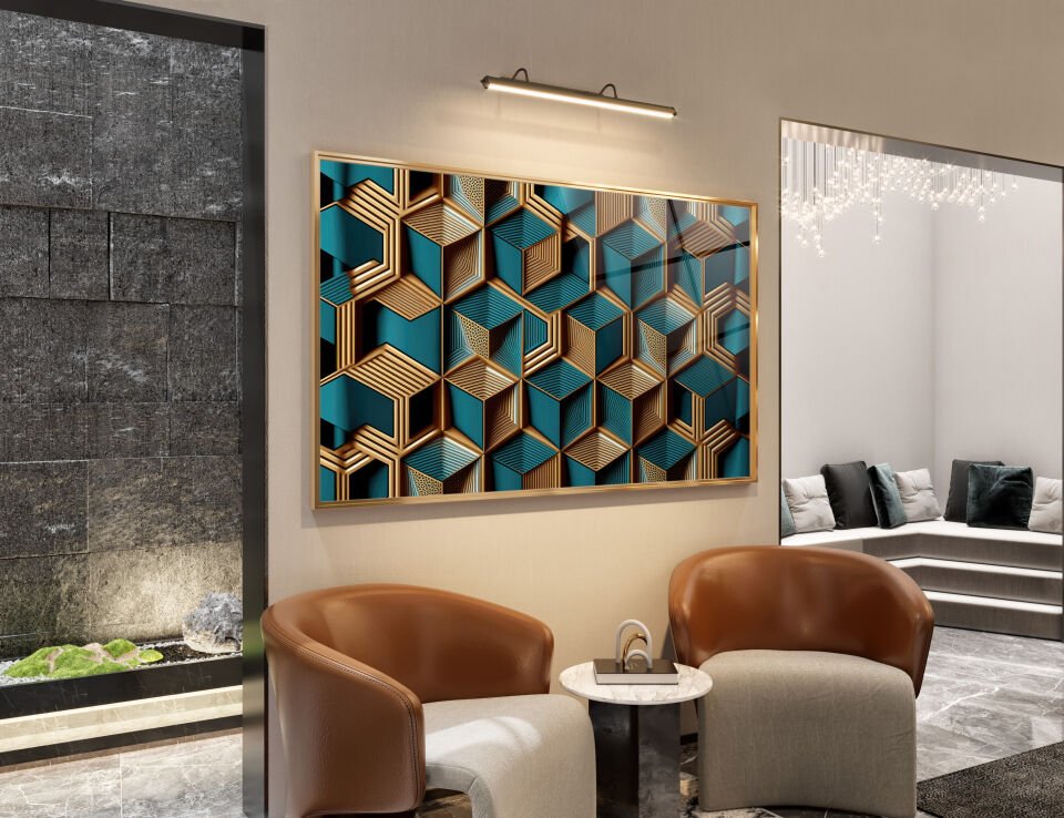Geometrik Ahşap ve Mermer Desenli Cam Tablo – Modern ve Şık Duvar Dekoru | CF0503