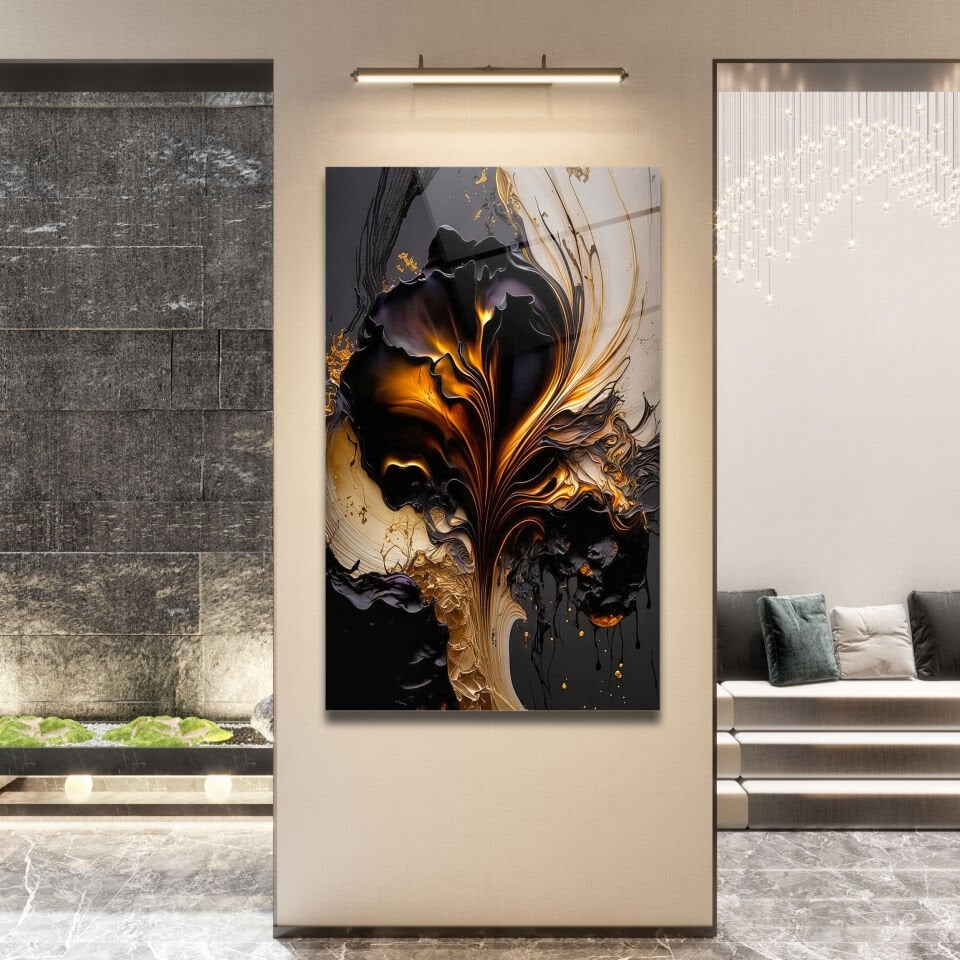 Abstrakt Altın Alev Desenli Siyah Cam Tablo – Modern Sanat Dokunuşu | CF0168
