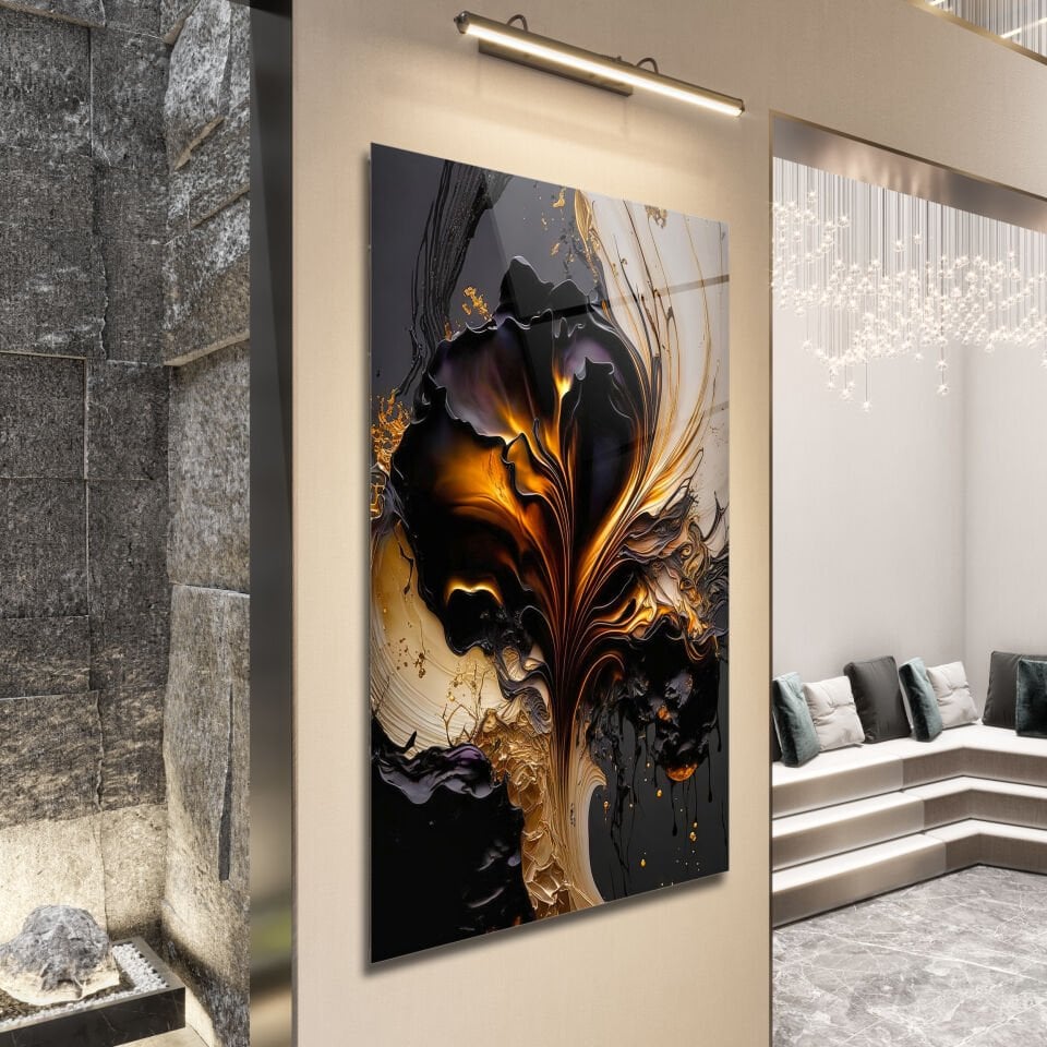 Abstrakt Altın Alev Desenli Siyah Cam Tablo – Modern Sanat Dokunuşu | CF0168