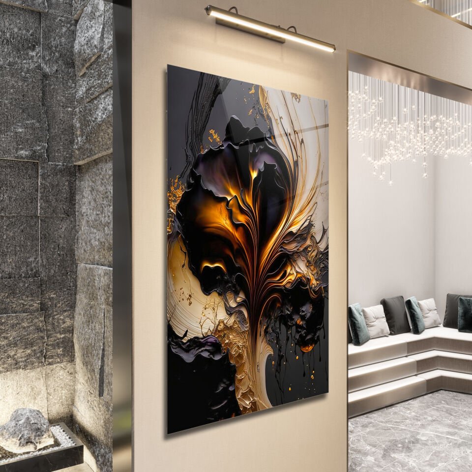 Abstrakt Altın Alev Desenli Siyah Cam Tablo – Modern Sanat Dokunuşu | CF0168