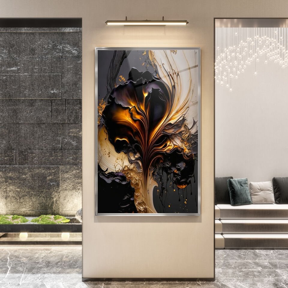 Abstrakt Altın Alev Desenli Siyah Cam Tablo – Modern Sanat Dokunuşu | CF0168