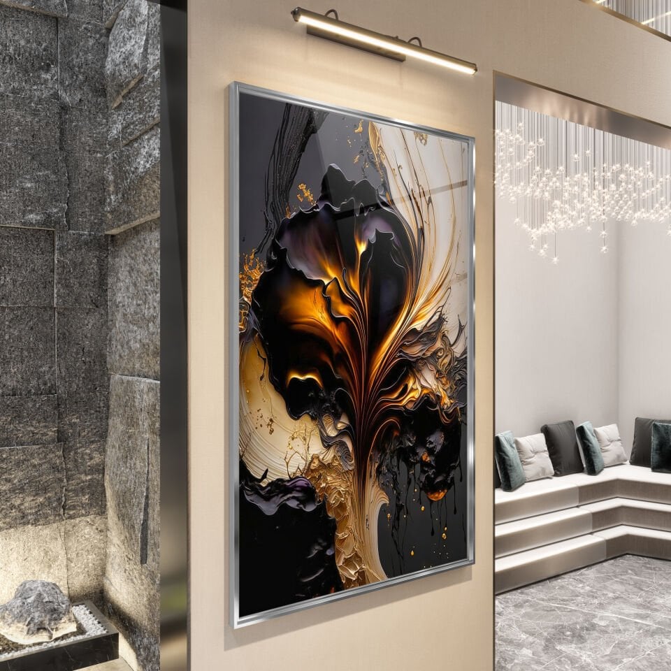 Abstrakt Altın Alev Desenli Siyah Cam Tablo – Modern Sanat Dokunuşu | CF0168