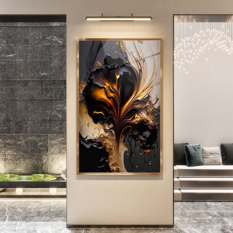 Abstrakt Altın Alev Desenli Siyah Cam Tablo – Modern Sanat Dokunuşu | CF0168