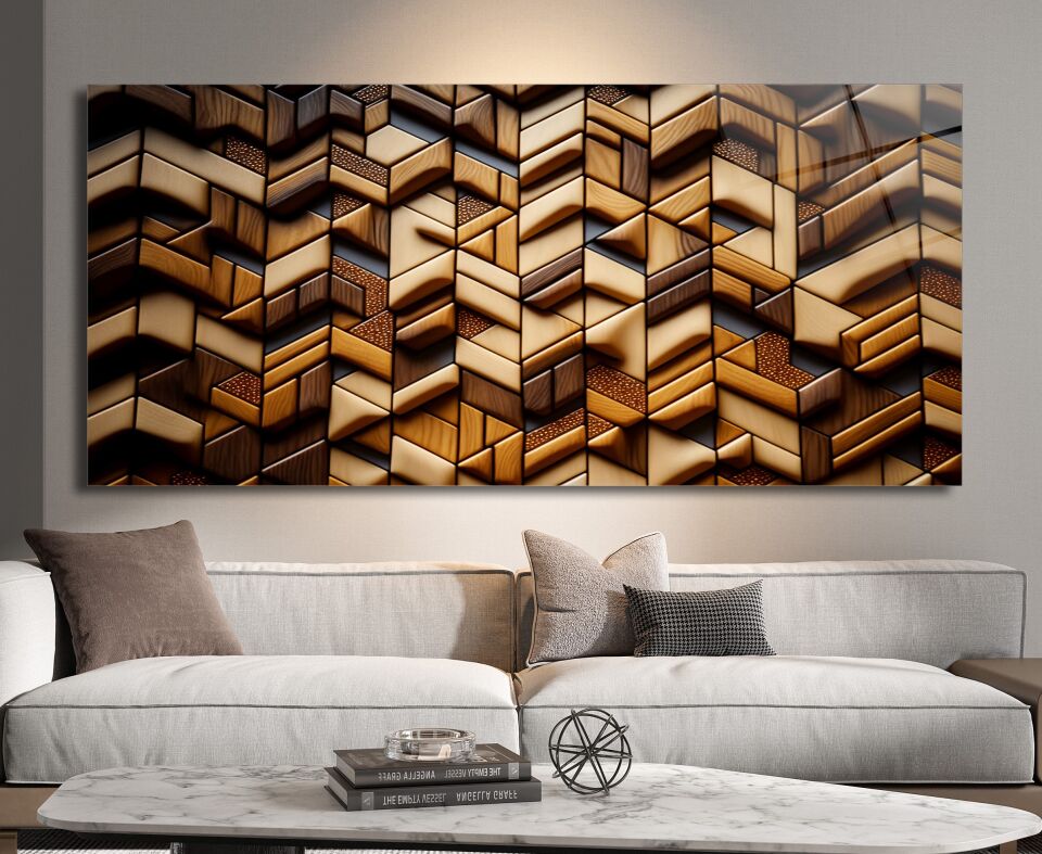 Modern Ahşap Doku Desenli Geometrik Cam Tablo | CF0504