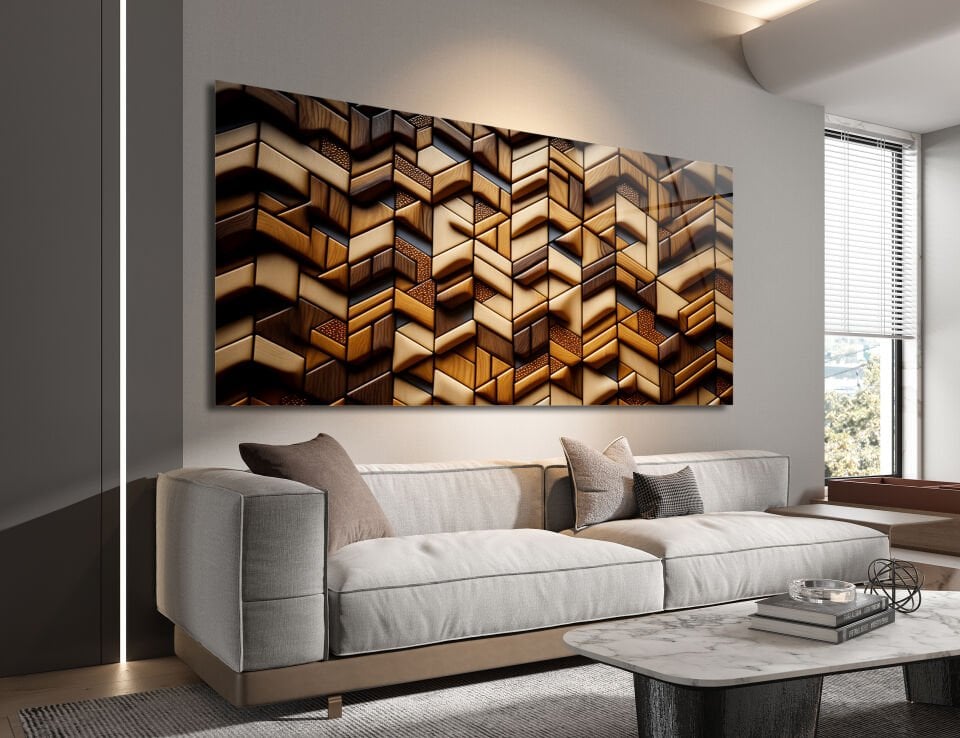 Modern Ahşap Doku Desenli Geometrik Cam Tablo | CF0504
