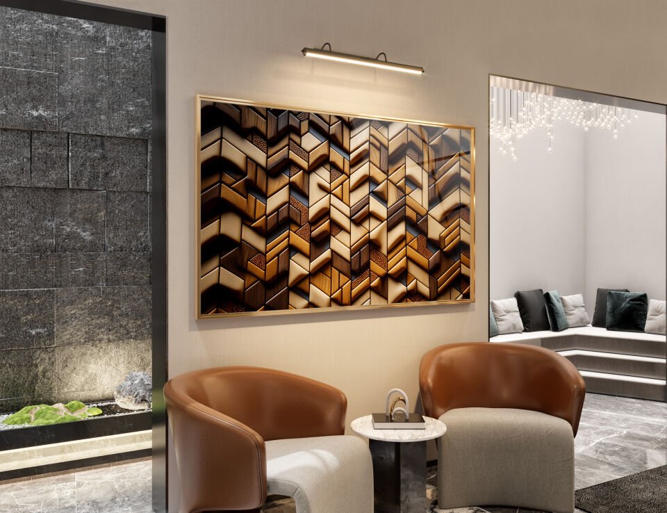 Modern Ahşap Doku Desenli Geometrik Cam Tablo | CF0504