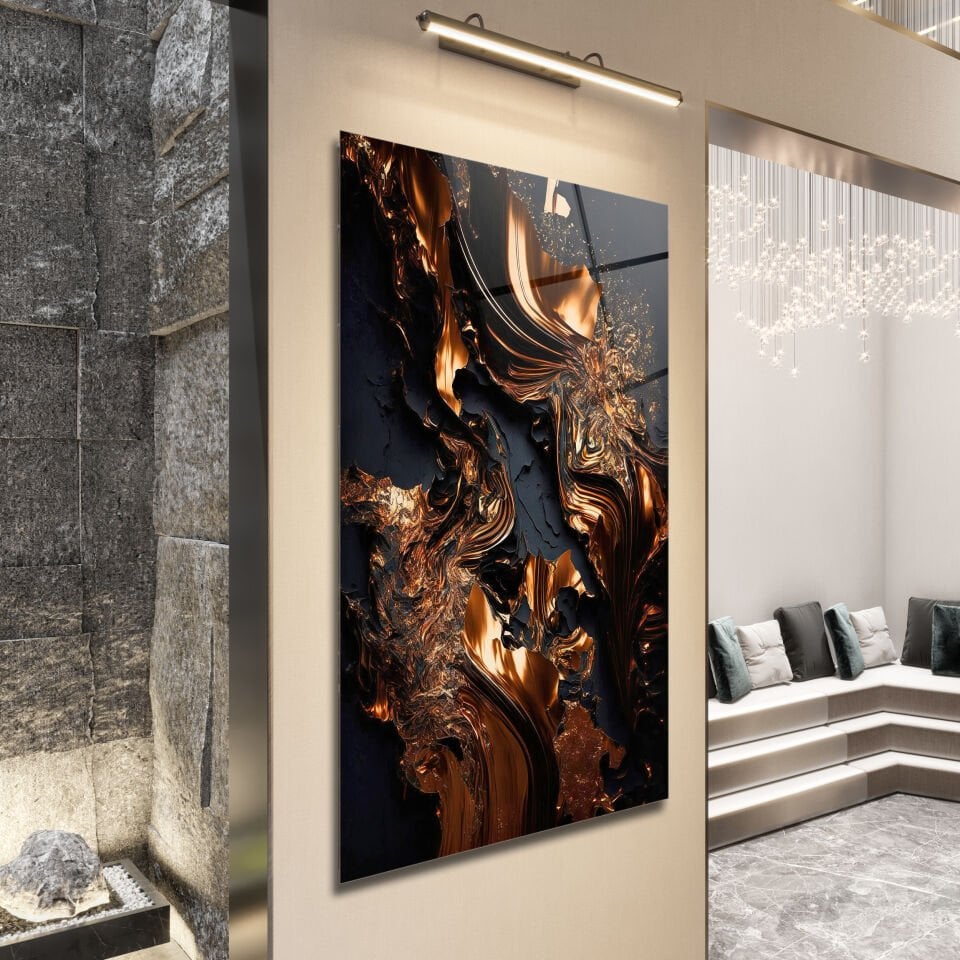 Abstrakt Altın Alev Desenli Siyah Cam Tablo – Modern Sanat Dokunuşu | CF0169