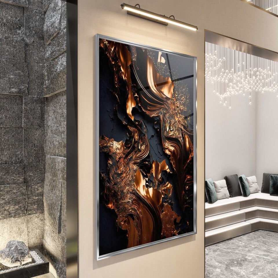 Abstrakt Altın Alev Desenli Siyah Cam Tablo – Modern Sanat Dokunuşu | CF0169