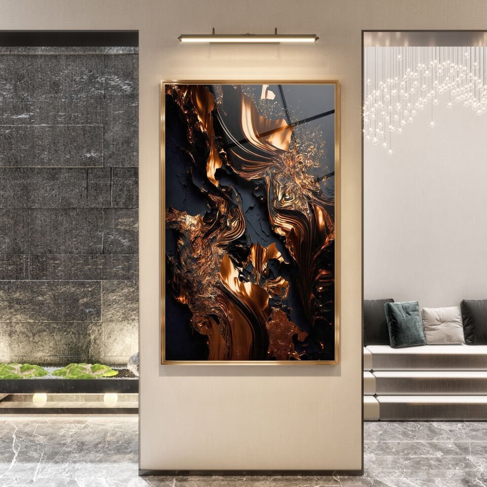 Abstrakt Altın Alev Desenli Siyah Cam Tablo – Modern Sanat Dokunuşu | CF0169