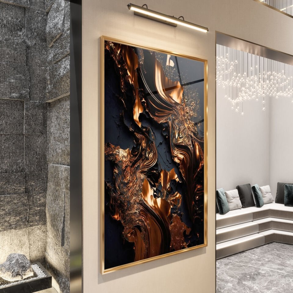 Abstrakt Altın Alev Desenli Siyah Cam Tablo – Modern Sanat Dokunuşu | CF0169