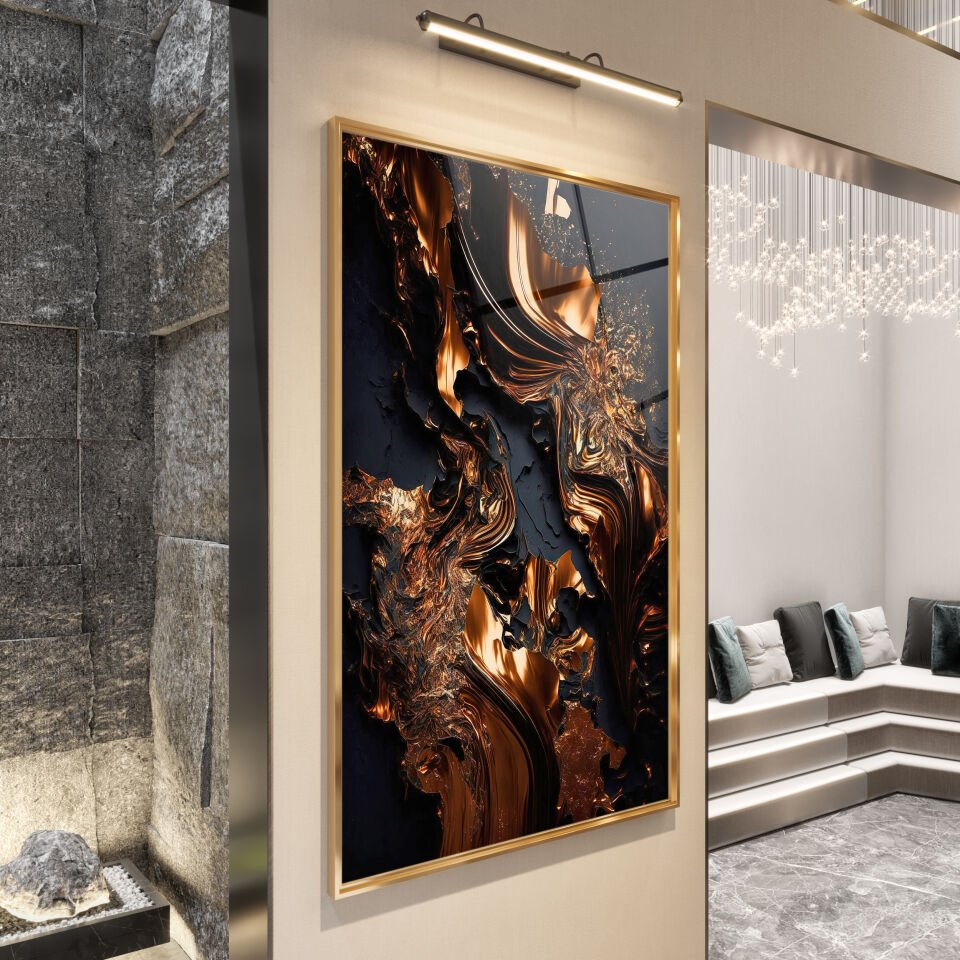 Abstrakt Altın Alev Desenli Siyah Cam Tablo – Modern Sanat Dokunuşu | CF0169