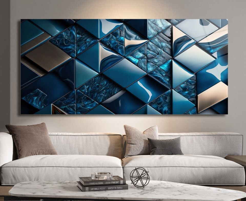 Mavi Metalik Geometrik Desenli Modern Cam Tablo | CF0505