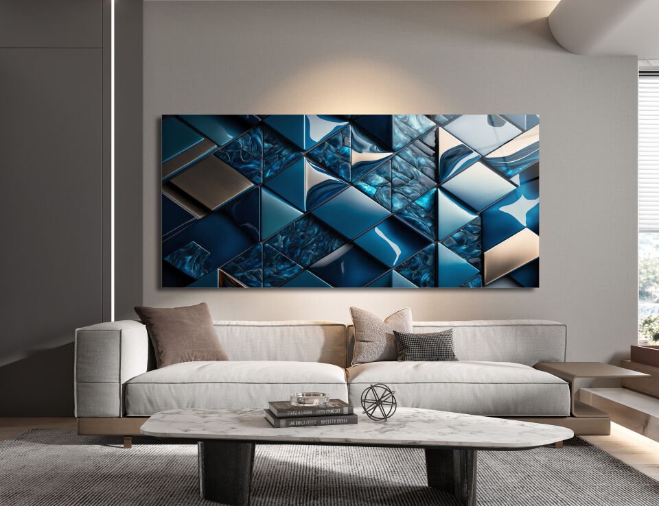Mavi Metalik Geometrik Desenli Modern Cam Tablo | CF0505