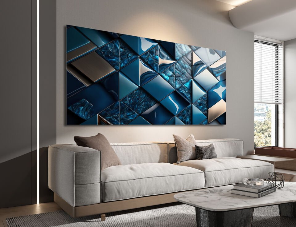 Mavi Metalik Geometrik Desenli Modern Cam Tablo | CF0505