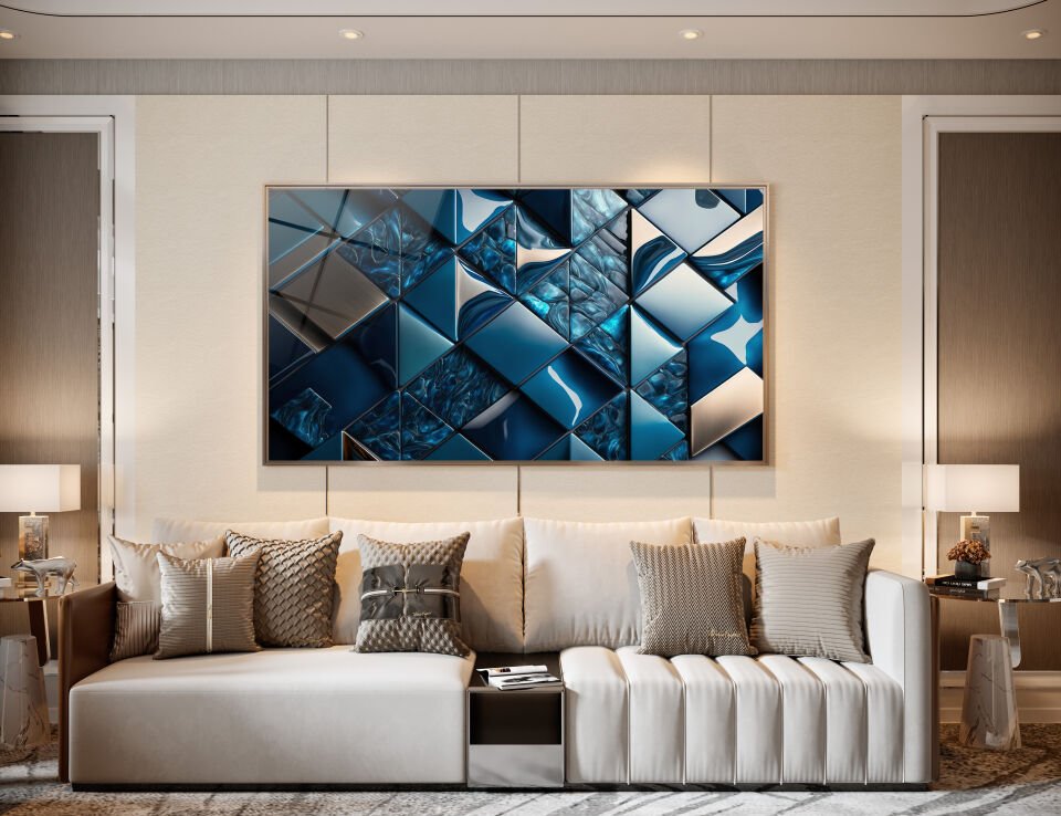 Mavi Metalik Geometrik Desenli Modern Cam Tablo | CF0505