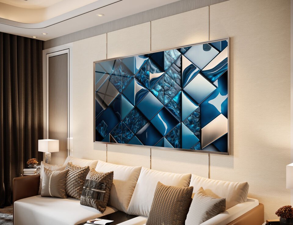 Mavi Metalik Geometrik Desenli Modern Cam Tablo | CF0505
