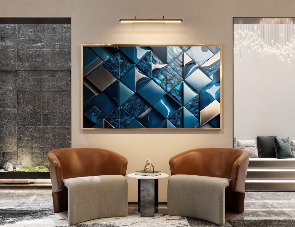 Mavi Metalik Geometrik Desenli Modern Cam Tablo | CF0505