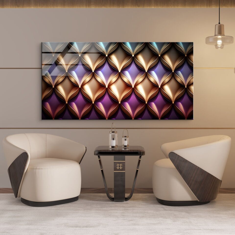 Mor ve Altın Geometrik Desenli Modern Cam Tablo | CF0850