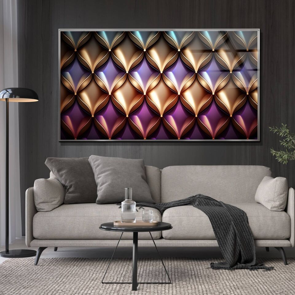 Mor ve Altın Geometrik Desenli Modern Cam Tablo | CF0850